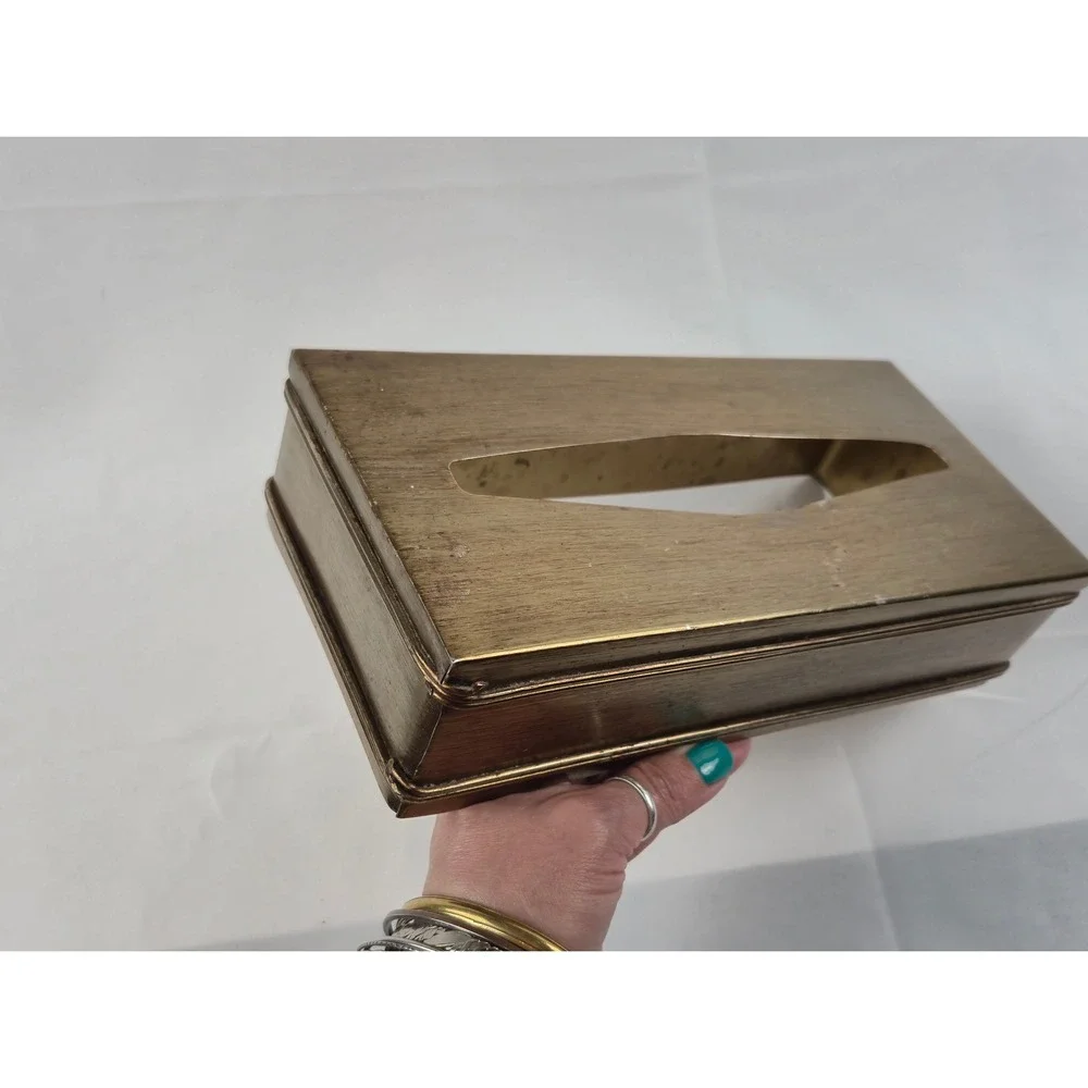 Vintage Brass Tone Metal Tissue Box Cover Heavy MCM Hollywood Regency Decor gift